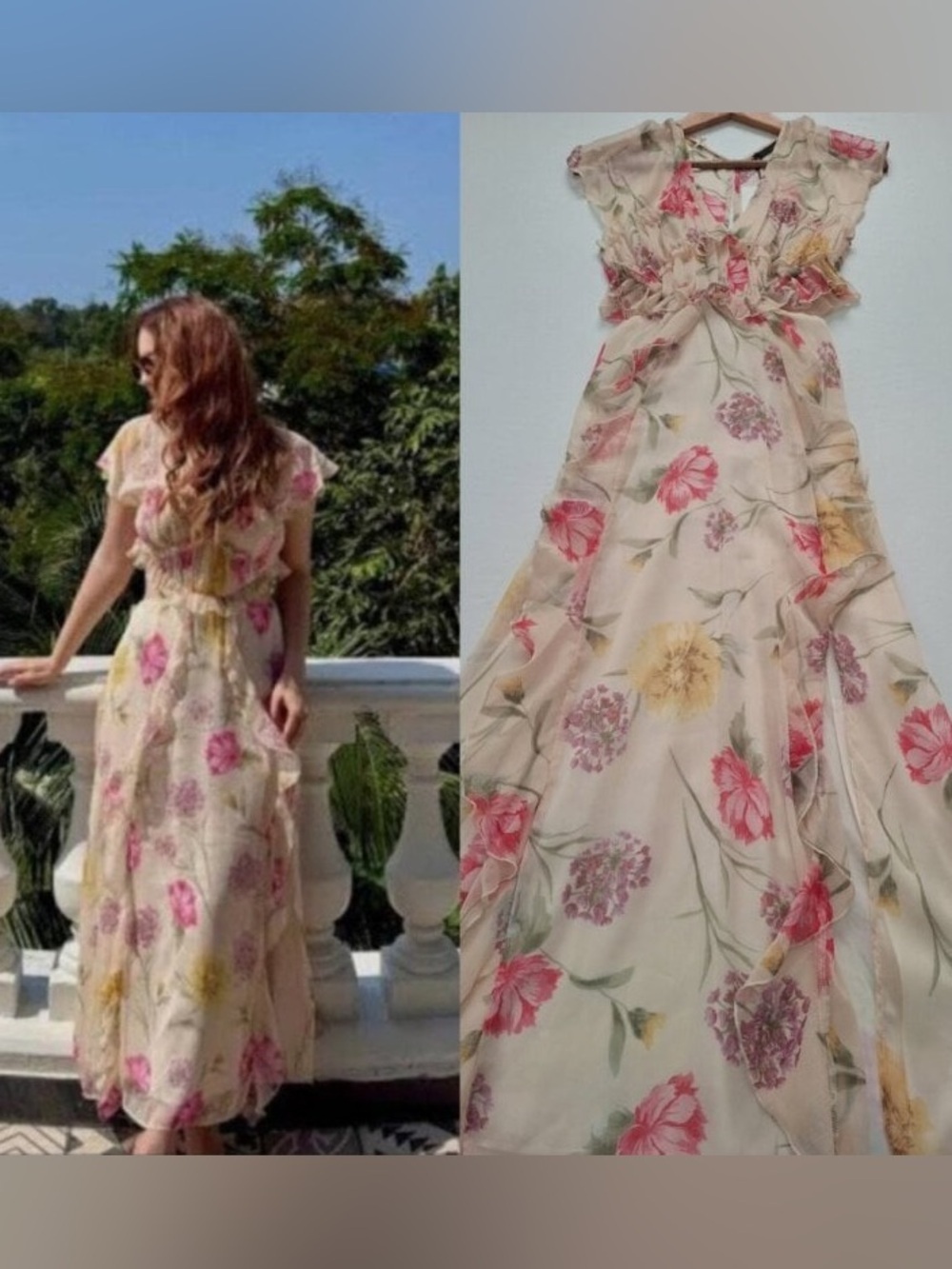 Zara Floral Ruffle Flowy Wedding Guest Fairycore Dress Sheer Chiffon Cream NWT S - Picture 11 of 11
